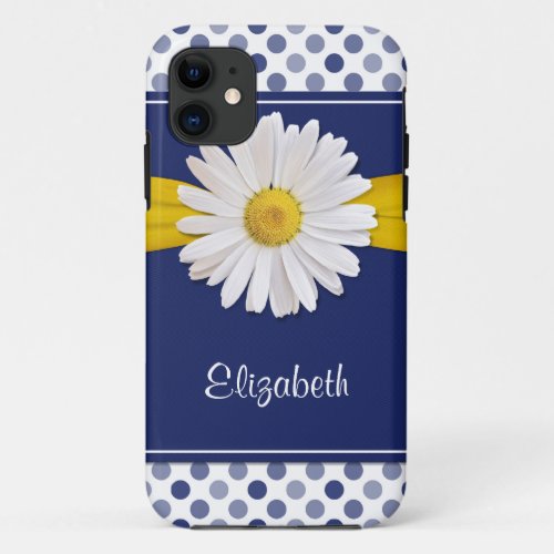 Polka Dots Daisy Navy Blue Ribbon iPhone 11 Case