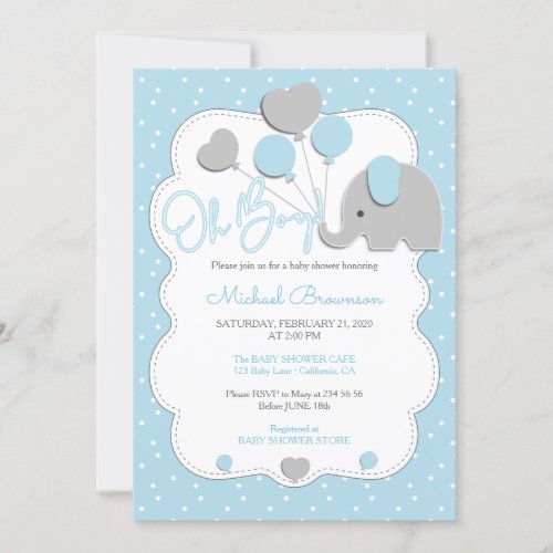 Polka Dots Elephant Oh Boy Blue Balloons Invitation