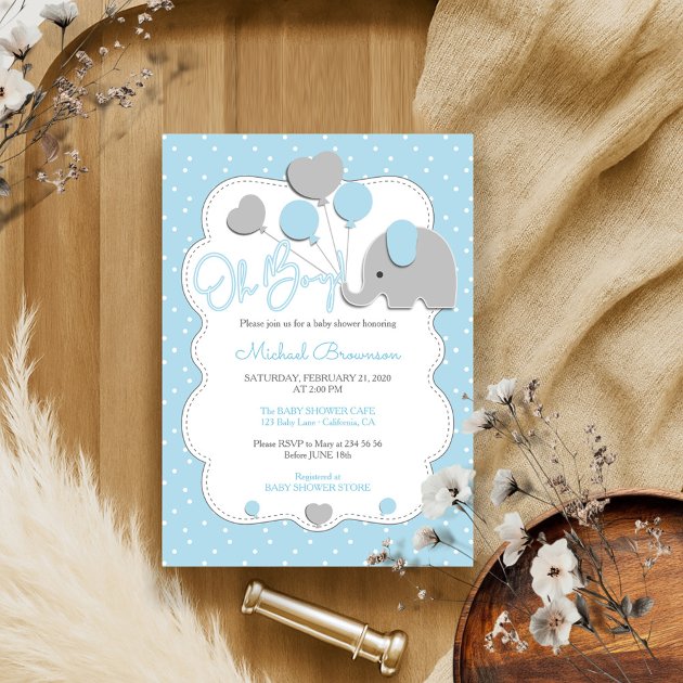 Polka Dots Elephant Oh Boy Blue Balloons Invitation