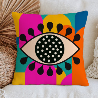 Polka Dots Evil Eye Abstract Shapes Bohemian Nazar Throw Pillow