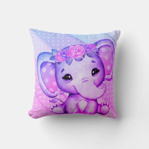 Polka_dots Floral Crown Elephant Throw Pillow