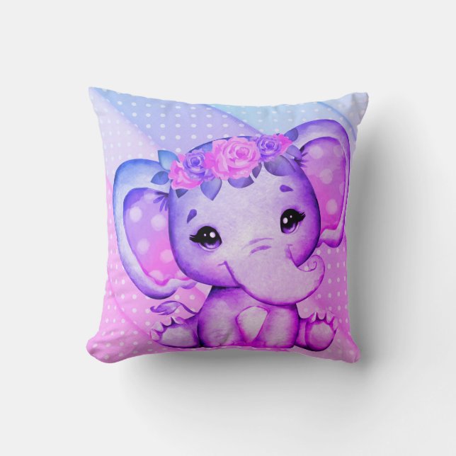Polka-dots Floral Crown Elephant Throw Pillow (Front)