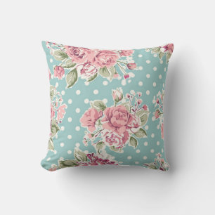 Polka dots floral shabby chic blue white elegant throw pillow