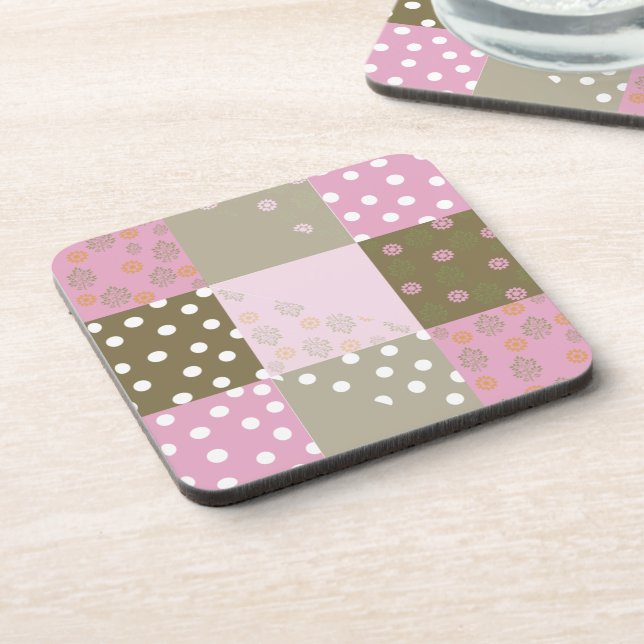 Polka Dots Flowers Brown Pink Quilt Coaster (Left Side)