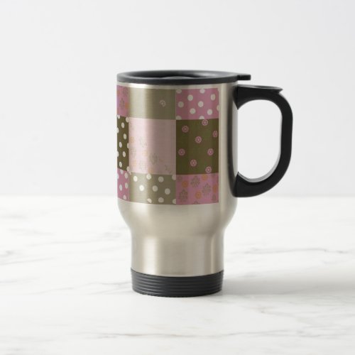 Polka Dots Flowers Brown Pink Quilt Travel Mug