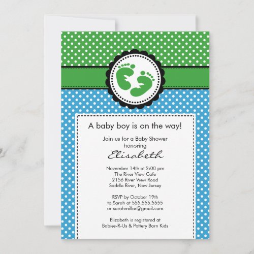 Polka Dots Footprint Boy Baby Shower Invitation