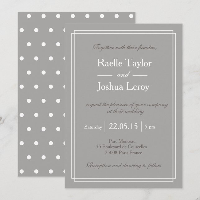 Polka dots gray white taupe minimalist wedding invitation (Front/Back)