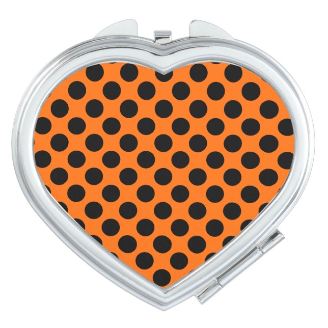 Polka Dots Heart Compact Mirror - Black on Orange (Front)