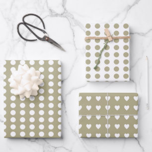 Polka dots hearts white sage wrapping paper sheets