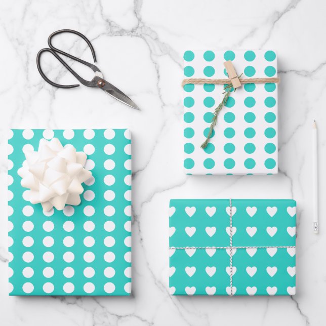 Polka dots hearts white turquoise wrapping paper sheets (Front)