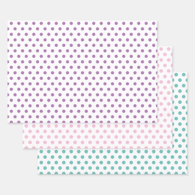 Polka Dots in Pink, Blue, and Lavendar Wrapping Paper Sheets (Set)