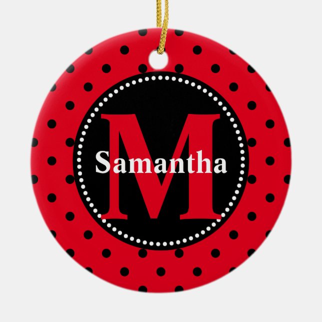 Polka Dots in Red and Black Personalized Ceramic Ornament (Front)