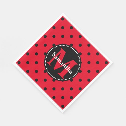Polka Dots in Red and Black Personalized Paper Napkins
