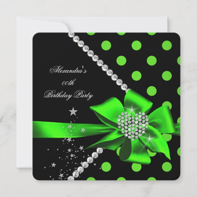 Polka Dots Lime Heart Jewel Gems Black Birthday Invitation (Front)