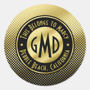 Polka Dots Monogram Gold Glitter Black Modern Classic Round Sticker