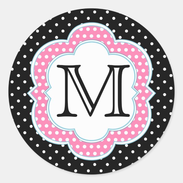 Polka Dots Monogram Pink Blue Black Classic Round Sticker (Front)