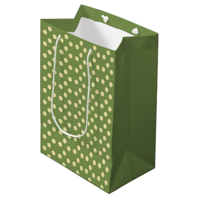 Polka dots olive green and pale gold medium gift bag (Front Angled)