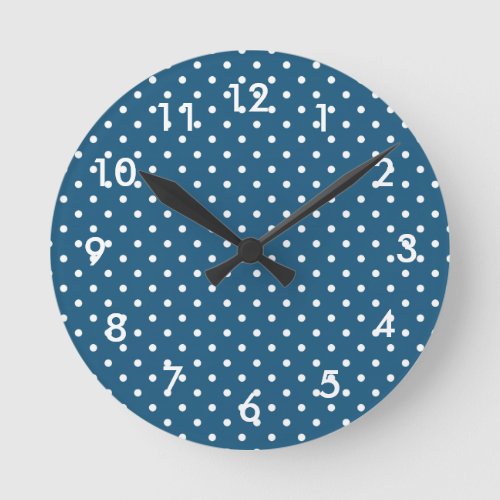 Polka Dots on Dark Blue Round Clock