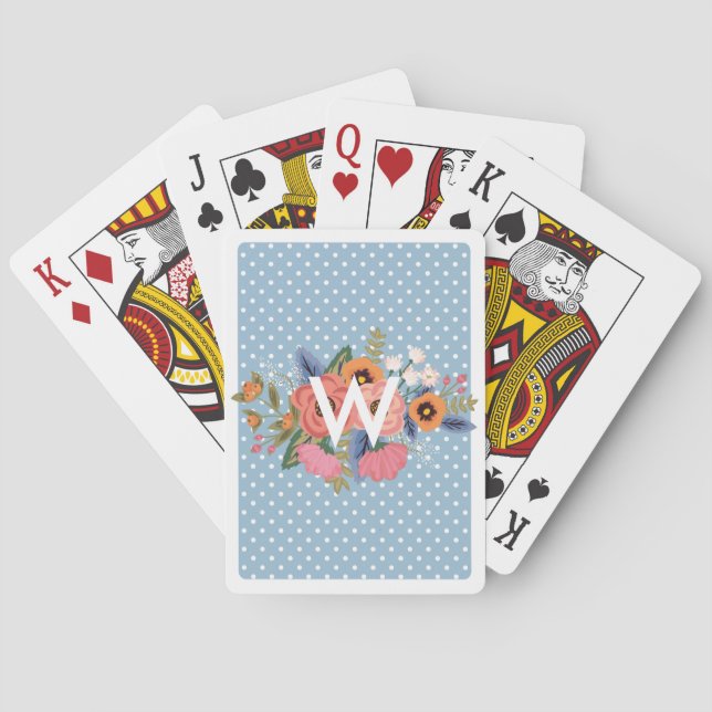 Polka Dots Pastel Flowers Monogram Poker Cards (Back)