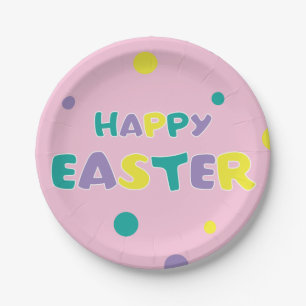 Polka Dots Pastel Pink Happy Easter Paper Plates