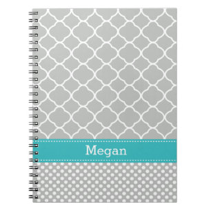 Polka Dots Pattern Aqua and Gray Custom Name Notebook