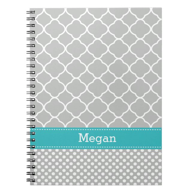 Polka Dots Pattern Aqua and Gray Custom Name Notebook (Front)
