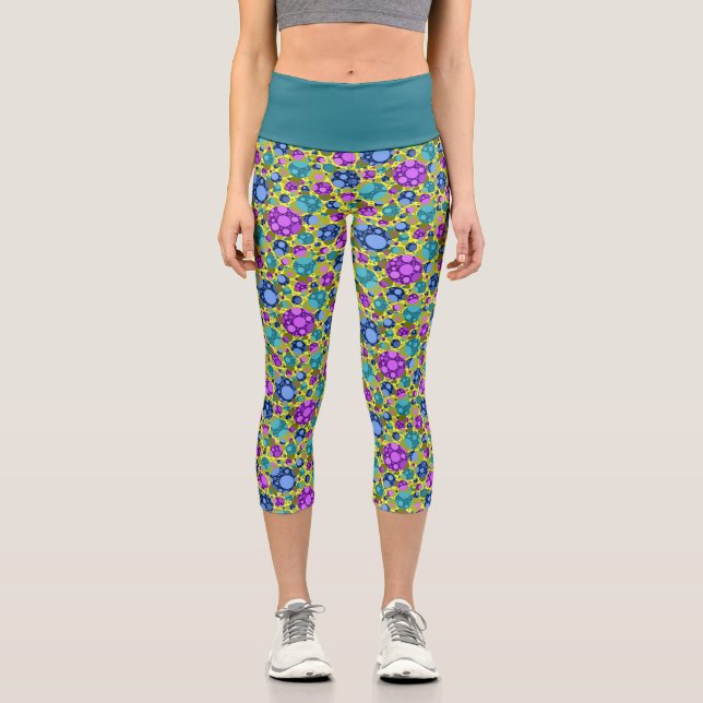 Polka Dots Pattern in Pink Blue Teal -  Capri Leggings (Front)