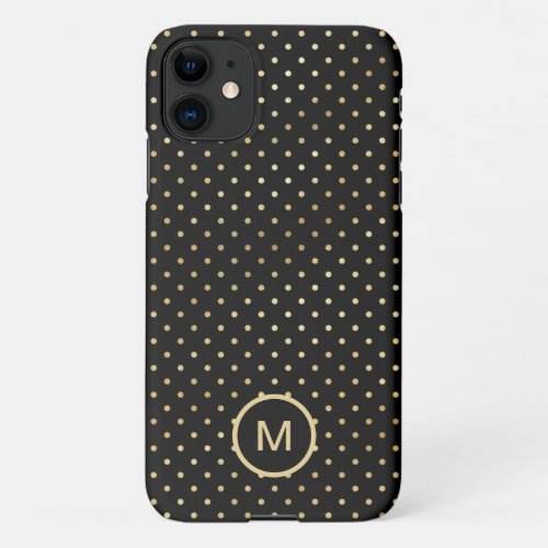 Polka Dots Pattern Monogram Initial Gold Black iPhone 11 Case