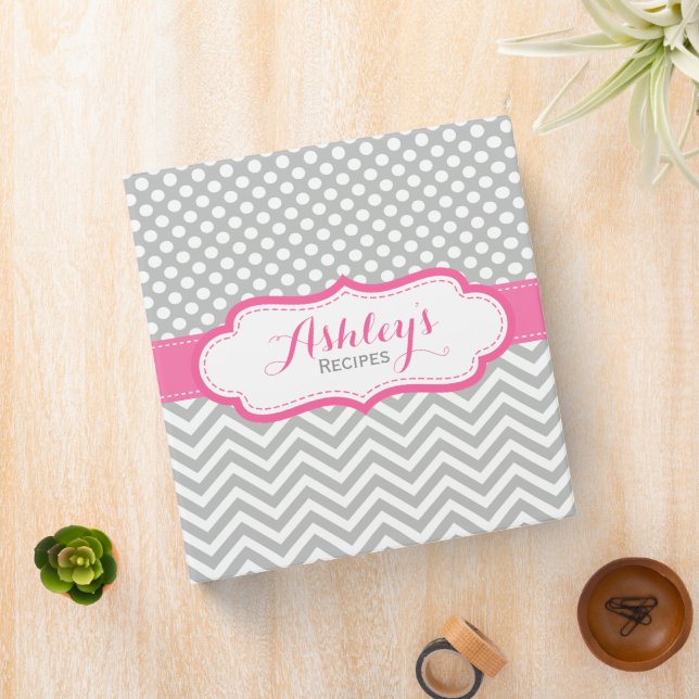 Polka Dots Pattern Pink and Gray Recipe Binder (In Situ)