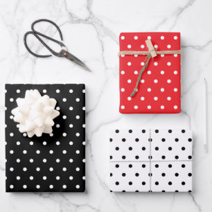 Polka Dots Pattern Set of 3 Red Black White Wrapping Paper Sheets