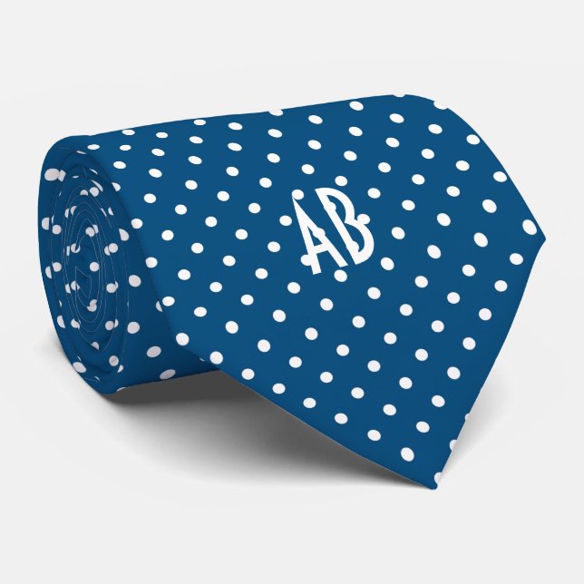 Polka Dots Pattern with Monogram (Dark Blue) Neck Tie (Rolled)