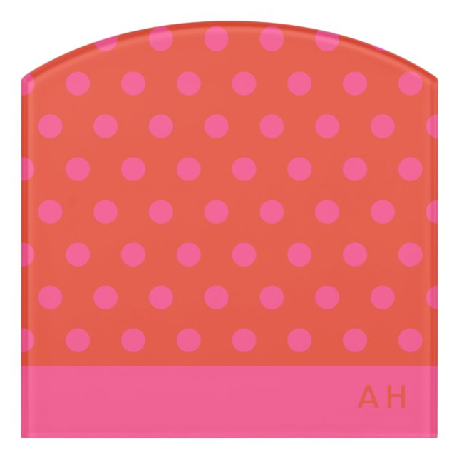 Polka Dots Pink and red Orange monogrammed Door Sign (Contour Front)