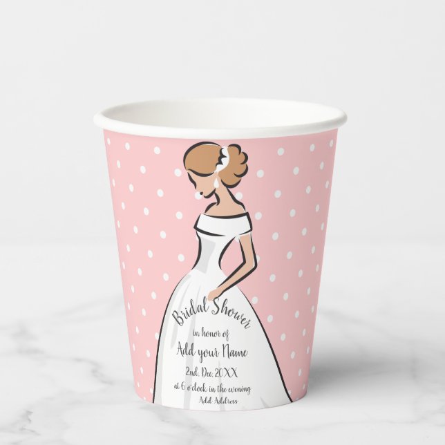 Polka Dots Pink Bridal Shower White Wedding dress Paper Cups (Front)