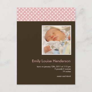 Polka Dots Pink/Brown • Baby Announcement Postcard
