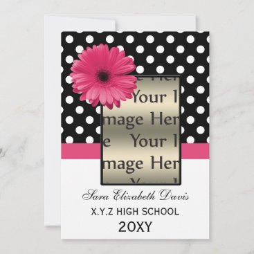 polka dots pink daisy Graduation photo Invites