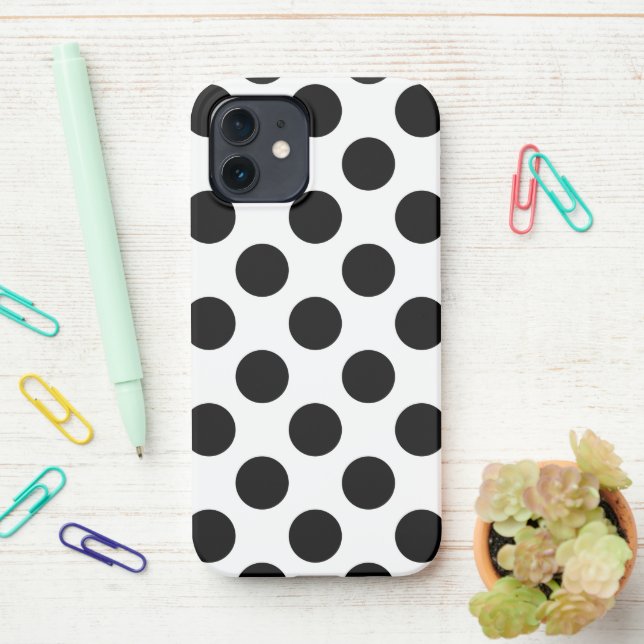 Polka Dots, Polka Dot Pattern, Black and White iPhone Case (On Desk)