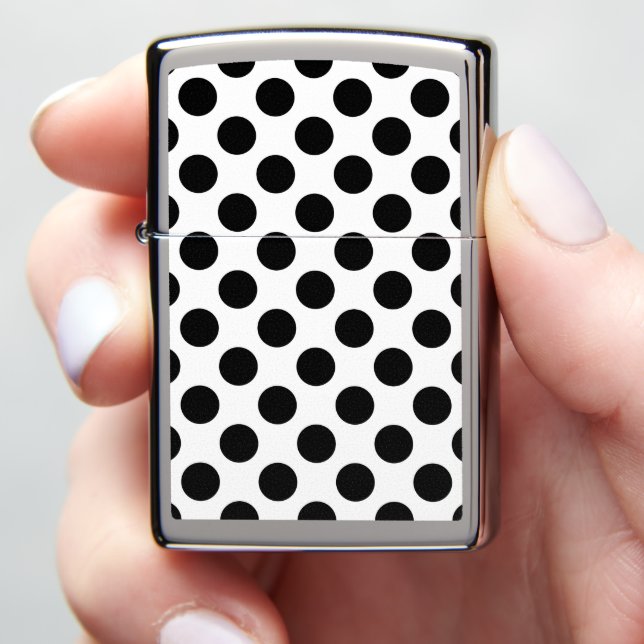 Polka Dots, Polka Dot Pattern, Black and White Zippo Lighter (In Hand)