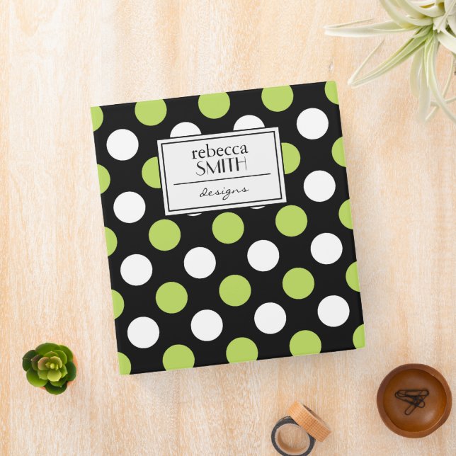 Polka Dots, Polka Dot Pattern, Green, Black 3 Ring Binder (In Situ)
