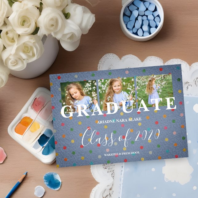 Polka Dots Pre-K Grad 3 Photos Blue Linen Effect (Polka Dots Pre-K Graduate 3 Photos Blue Linen Effect Fabric Graduation Announcement.
)