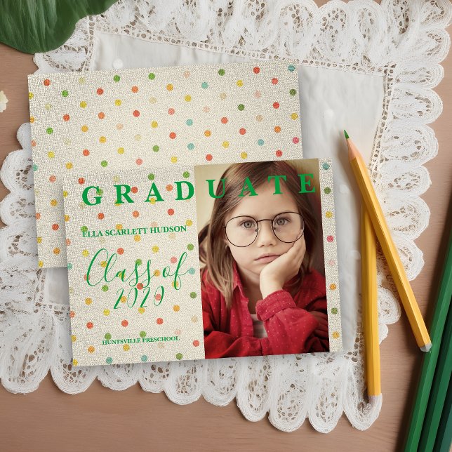 Polka Dots Pre-K Grad Photo Green & Sand Linen  (Polka Dots Pre-K Graduate Photo Green and Sand Linen Effect Fabric Graduation Announcement Card. )
