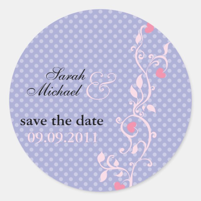 Polka Dots Purple Floral Vine Wedding Classic Round Sticker (Front)