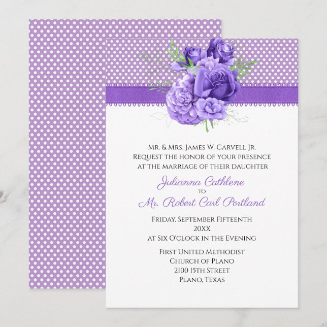Polka Dots & Purple Flowers Wedding Invitation (Front/Back)