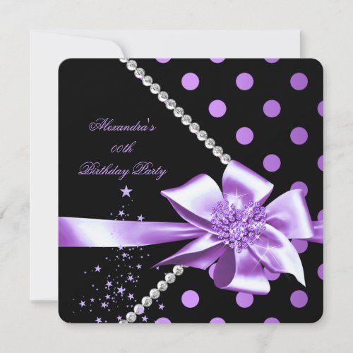 Polka Dots Purple Silver Heart Gems Black Birthday Invitation