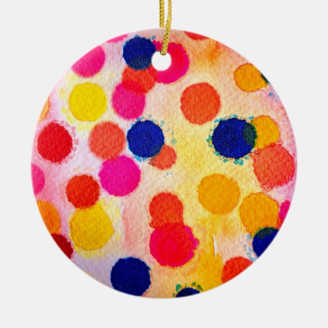 Polka dots rainbow waterclor ceramic ornament (Front)