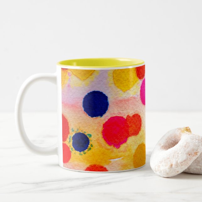 Polka dots rainbow waterclor Two-Tone coffee mug (With Donut)