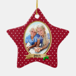 Polka Dots Red and Holly Photo Frame Ceramic Ornament