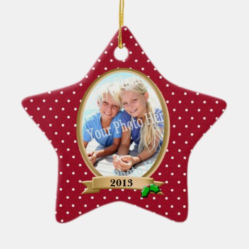 Polka Dots Red and Holly Photo Frame Ceramic Ornament