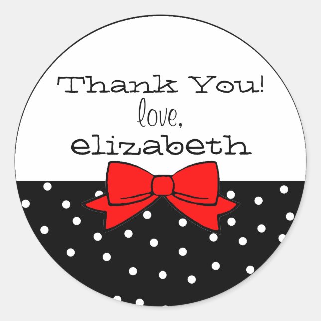 Polka Dots Red Bow Thank You Classic Round Sticker (Front)
