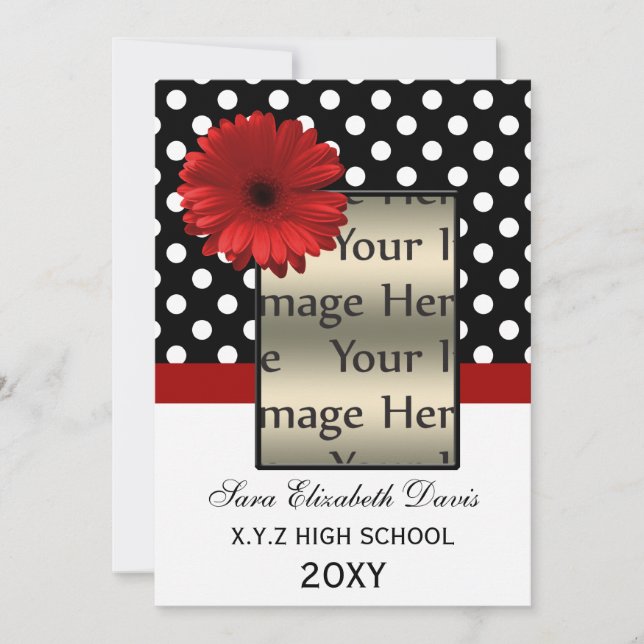 polka dots red daisy Graduation photo Invites (Front)