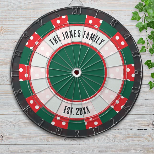 Polka Dots Red Green Black and White Dart Board (A stylish dartboard in red, white and green, with polka dots, custom name and 'established' year)